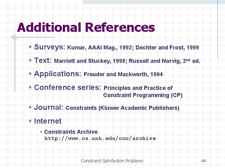 Additional References § Surveys: Kumar, AAAI Mag. , 1992; Dechter and Frost, 1999 §