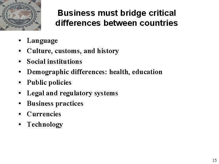 Business must bridge critical differences between countries • • • Language Culture, customs, and