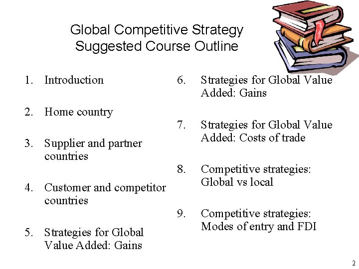 Global Competitive Strategy Suggested Course Outline 1. Introduction 2. Home country 3. Supplier and