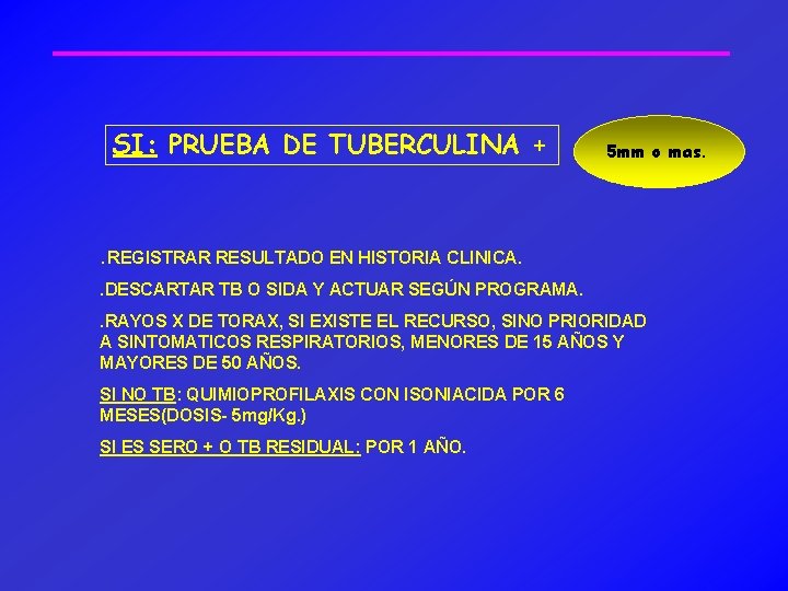 SI: PRUEBA DE TUBERCULINA + 5 mm o mas. . REGISTRAR RESULTADO EN HISTORIA