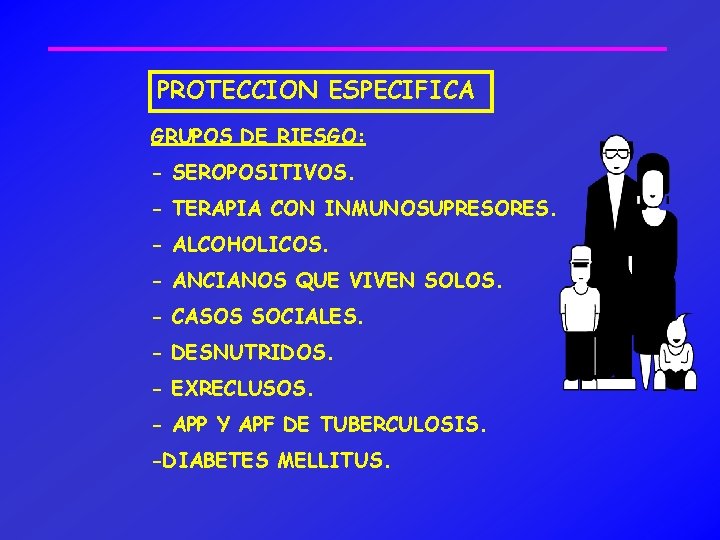 PROTECCION ESPECIFICA GRUPOS DE RIESGO: - SEROPOSITIVOS. - TERAPIA CON INMUNOSUPRESORES. - ALCOHOLICOS. -