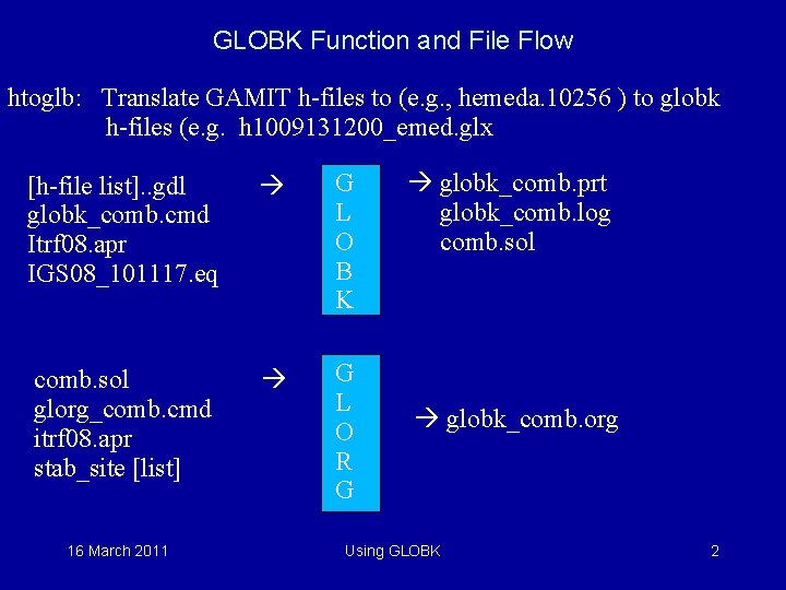 GLOBK Function and File Flow htoglb: Translate GAMIT h-files to (e. g. , hemeda.