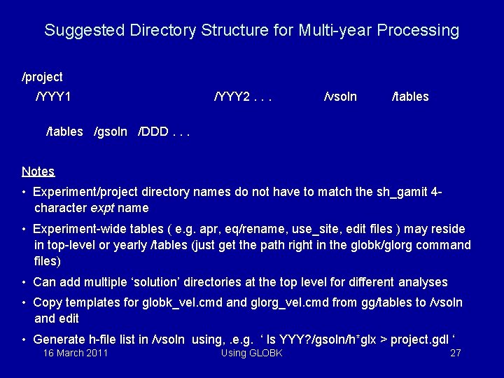 Suggested Directory Structure for Multi-year Processing /project /YYY 1 /YYY 2. . . /vsoln