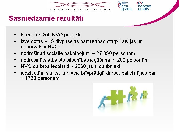 Sasniedzamie rezultāti • īstenoti ~ 200 NVO projekti • izveidotas ~ 15 divpusējās partnerības