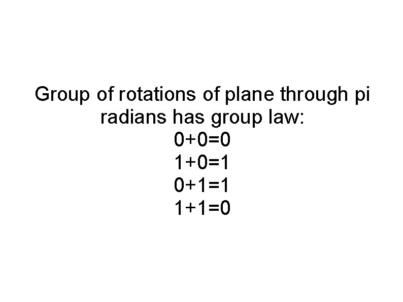 Group of rotations of plane through pi radians has group law: 0+0=0 1+0=1 0+1=1