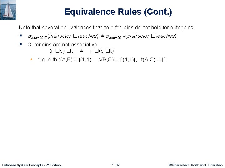 Equivalence Rules (Cont. ) Note that several equivalences that hold for joins do not