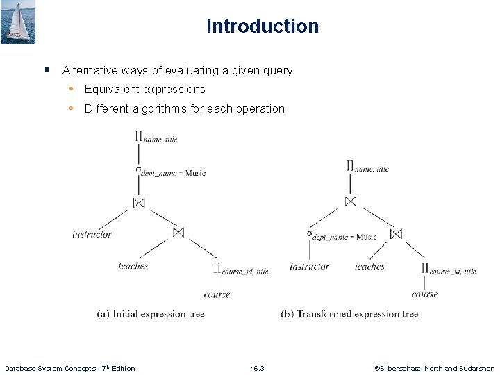 Introduction § Alternative ways of evaluating a given query • Equivalent expressions • Different