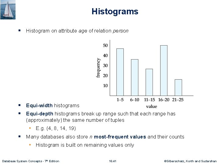 Histograms § Histogram on attribute age of relation person § Equi-width histograms § Equi-depth