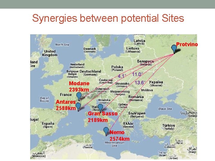 Synergies between potential Sites Protvino 4. 1˚ 13. 6˚ Modane 2393 km Antares 2588