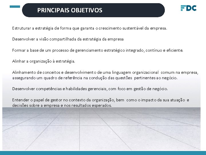 PRINCIPAIS OBJETIVOS Estruturar a estratégia de forma que garanta o crescimento sustentável da empresa.