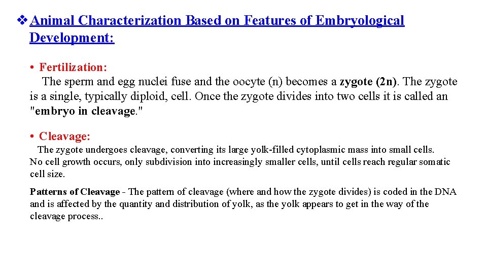 v Animal Characterization Based on Features of Embryological Development: • Fertilization: The sperm and