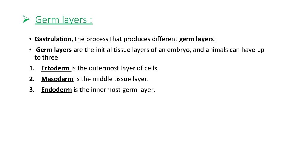 Ø Germ layers : • Gastrulation, the process that produces different germ layers. •