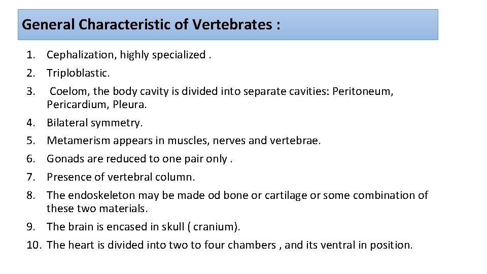 General Characteristic of Vertebrates : 1. Cephalization, highly specialized. 2. Triploblastic. 3. Coelom, the