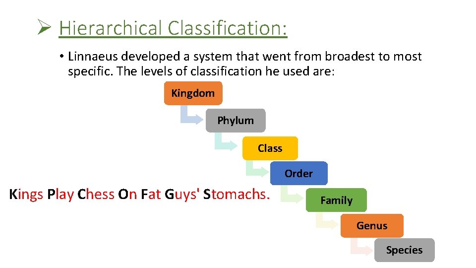 Ø Hierarchical Classification: • Linnaeus developed a system that went from broadest to most