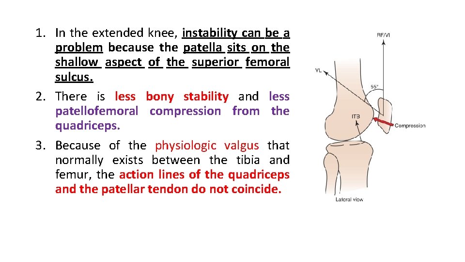 1. In the extended knee, instability can be a problem because the patella sits