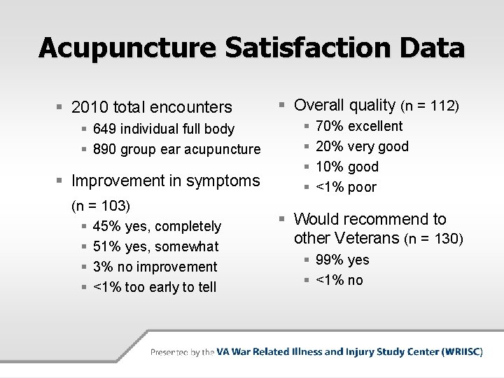 Acupuncture Satisfaction Data § 2010 total encounters § 649 individual full body § 890