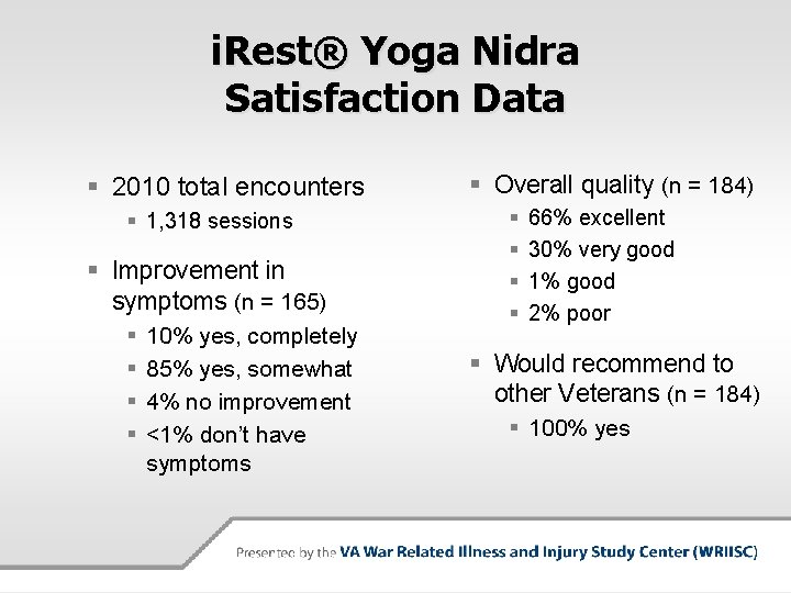 i. Rest® Yoga Nidra Satisfaction Data § 2010 total encounters § 1, 318 sessions