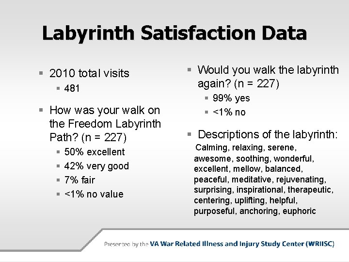 Labyrinth Satisfaction Data § 2010 total visits § 481 § How was your walk