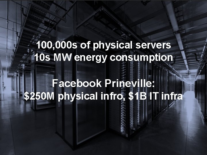 100, 000 s of physical servers 10 s MW energy consumption Facebook Prineville: $250