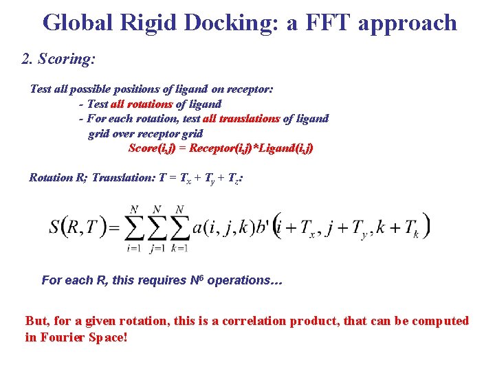 Global Rigid Docking: a FFT approach 2. Scoring: Test all possible positions of ligand