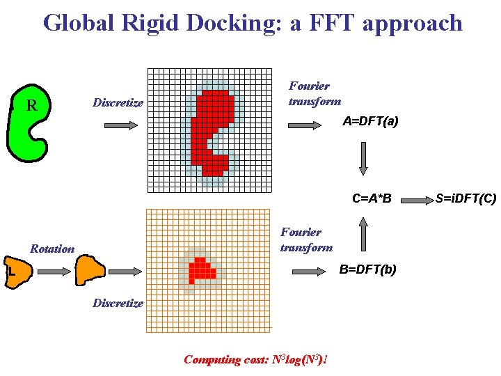 Global Rigid Docking: a FFT approach R Discretize R Fourier transform A=DFT(a) C=A*B Fourier