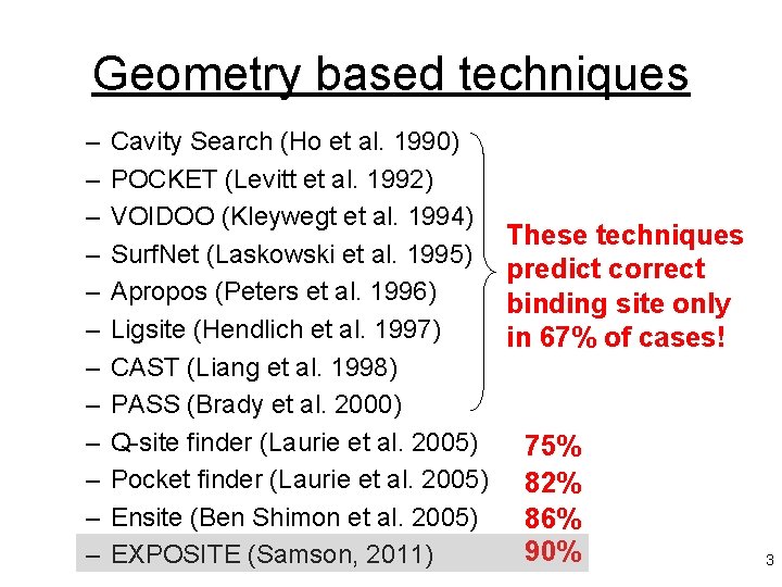 Geometry based techniques – – – Cavity Search (Ho et al. 1990) POCKET (Levitt