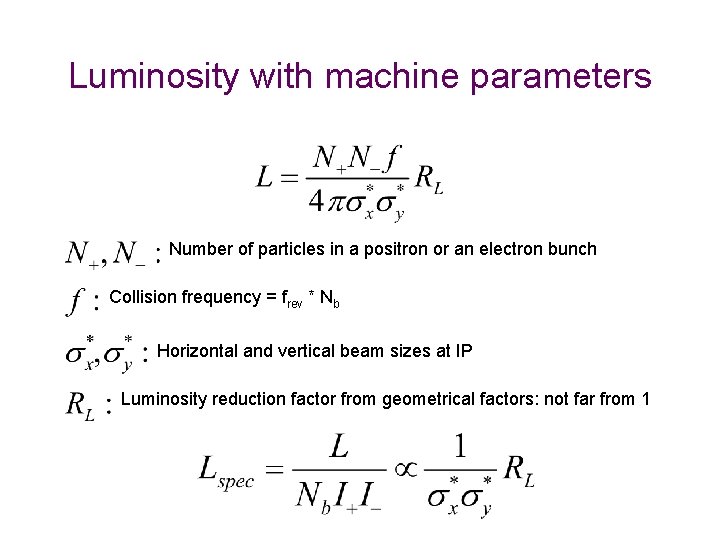 Luminosity with machine parameters Number of particles in a positron or an electron bunch