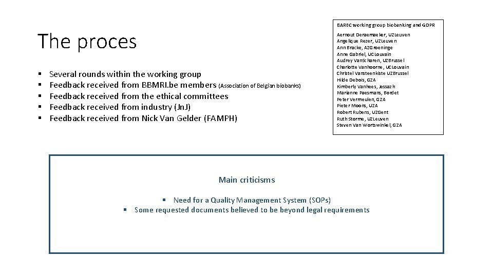 BAREC working group biobanking and GDPR The proces Several rounds within the working group