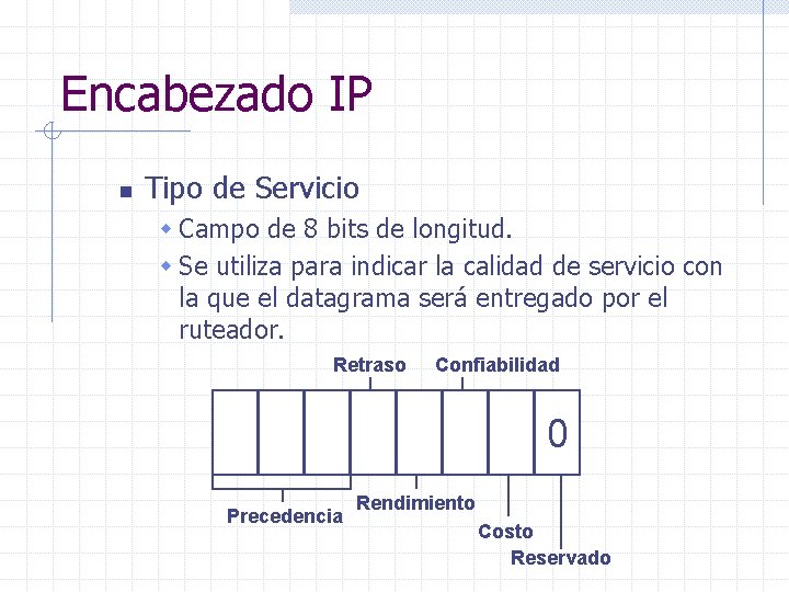 Encabezado IP n Tipo de Servicio w Campo de 8 bits de longitud. w
