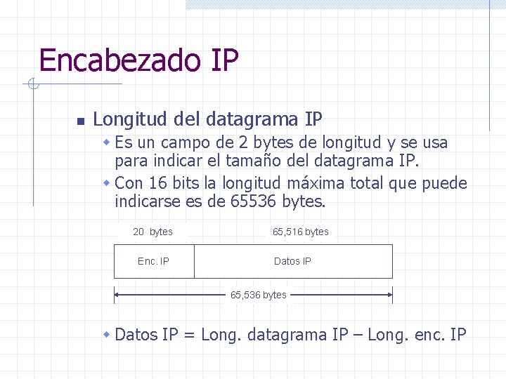 Encabezado IP n Longitud del datagrama IP w Es un campo de 2 bytes