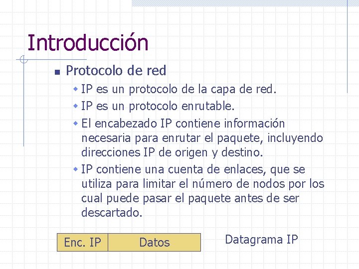 Introducción n Protocolo de red w IP es un protocolo de la capa de