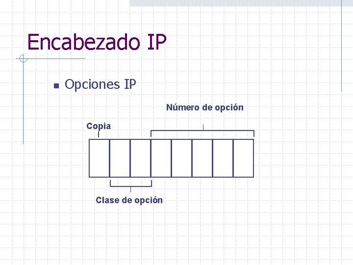 Encabezado IP n Opciones IP Número de opción Copia Clase de opción 