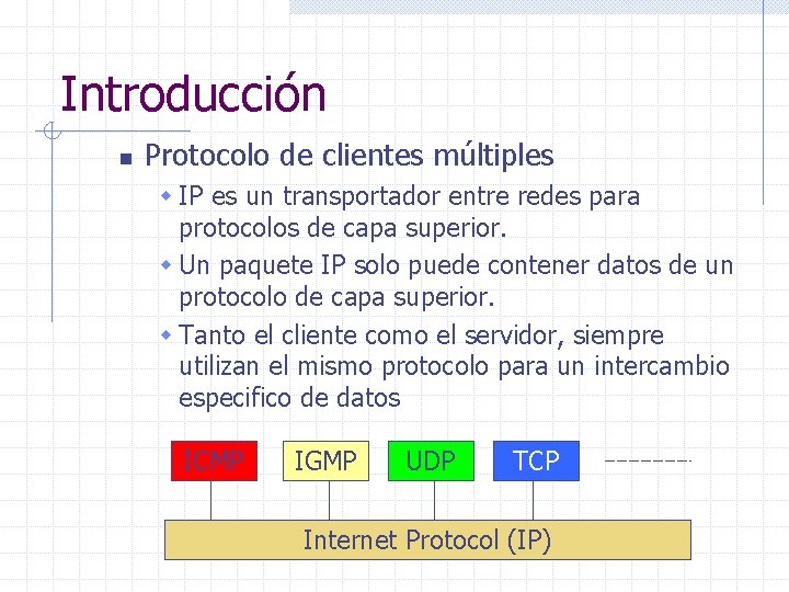 Introducción n Protocolo de clientes múltiples w IP es un transportador entre redes para