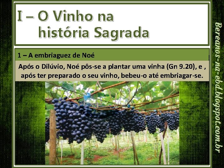 I – O Vinho na história Sagrada 1 – A embriaguez de Noé Após