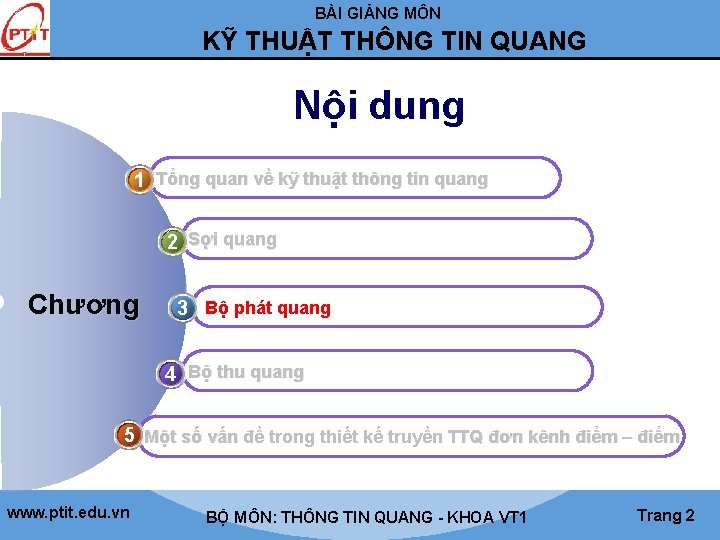 BÀI GIẢNG MÔN KỸ THUẬT THÔNG TIN QUANG Nội dung 1 Tổng quan về