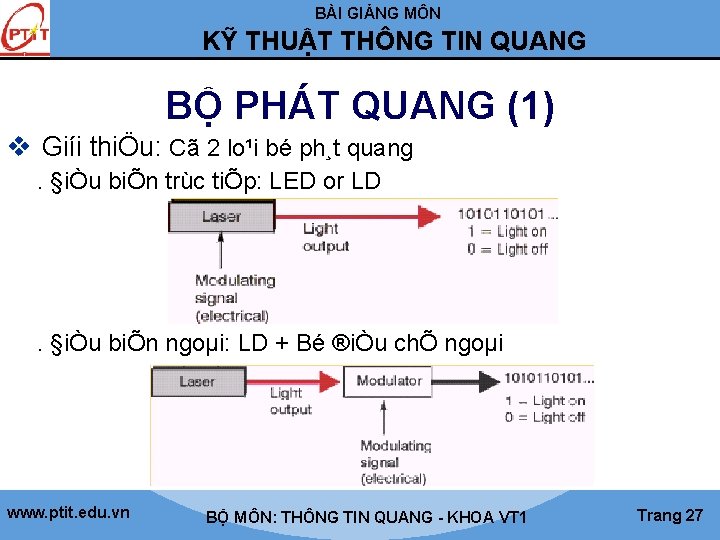 BÀI GIẢNG MÔN KỸ THUẬT THÔNG TIN QUANG BỘ PHÁT QUANG (1) v Giíi