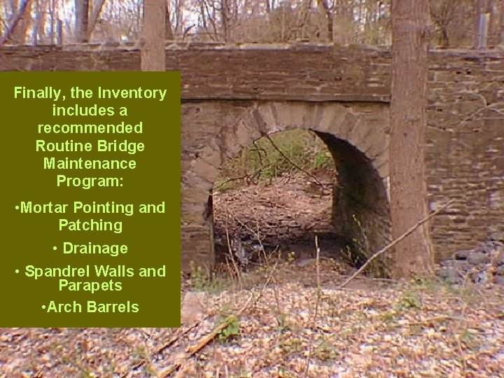 Finally, the Inventory includes a recommended Routine Bridge Maintenance Program: • Mortar Pointing and