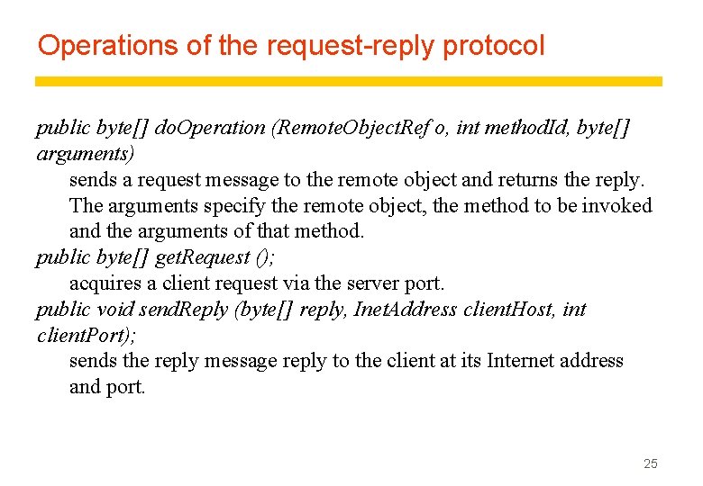 Operations of the request-reply protocol public byte[] do. Operation (Remote. Object. Ref o, int