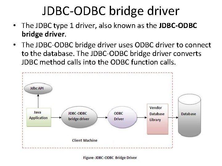 JDBC-ODBC bridge driver • The JDBC type 1 driver, also known as the JDBC-ODBC