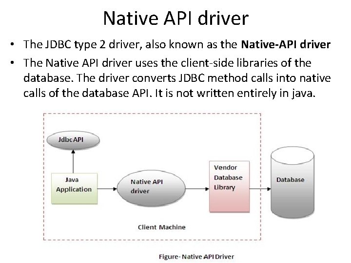 Native API driver • The JDBC type 2 driver, also known as the Native-API