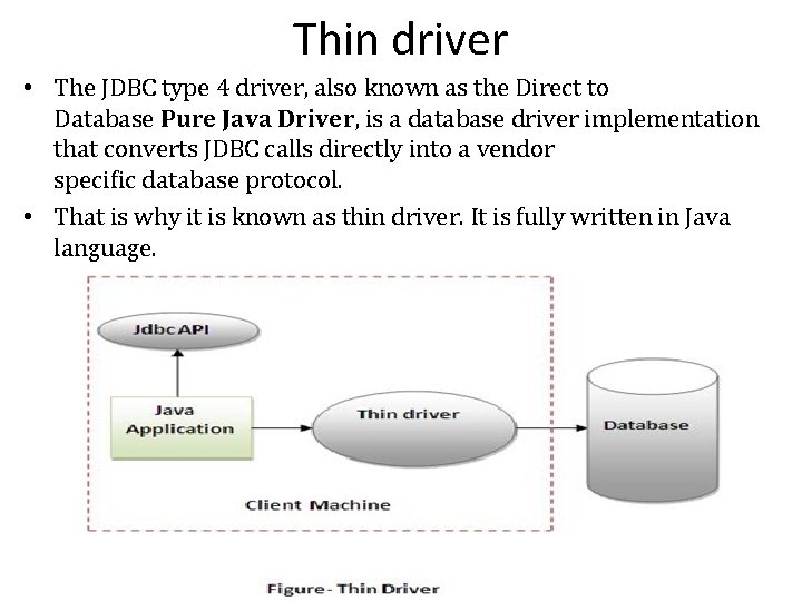 Thin driver • The JDBC type 4 driver, also known as the Direct to