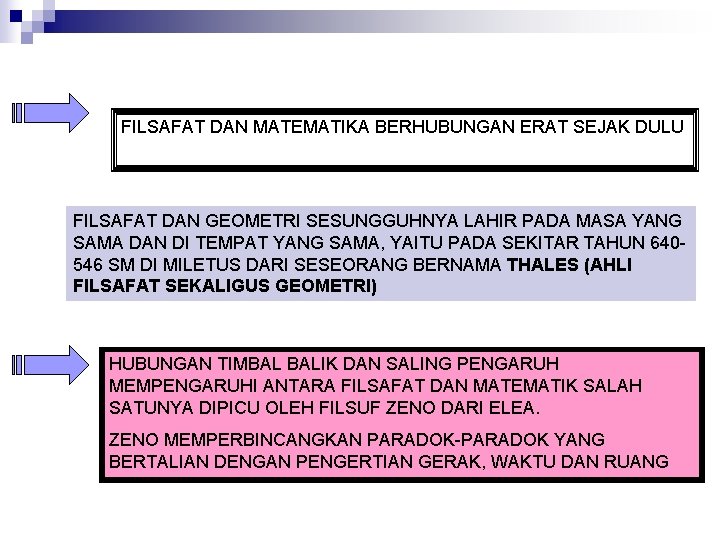 FILSAFAT DAN MATEMATIKA BERHUBUNGAN ERAT SEJAK DULU FILSAFAT DAN GEOMETRI SESUNGGUHNYA LAHIR PADA MASA