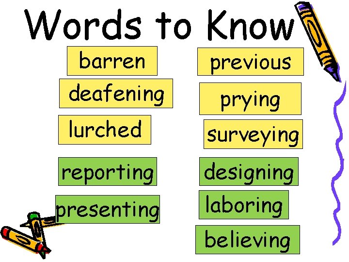 Words to Know barren previous deafening prying lurched surveying reporting designing presenting laboring believing