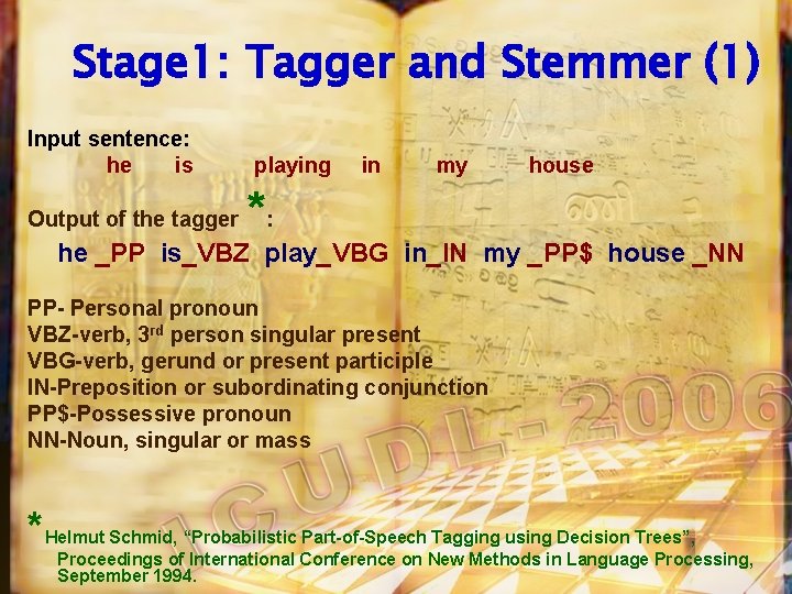 Stage 1: Tagger and Stemmer (1) Input sentence: he is Output of the tagger