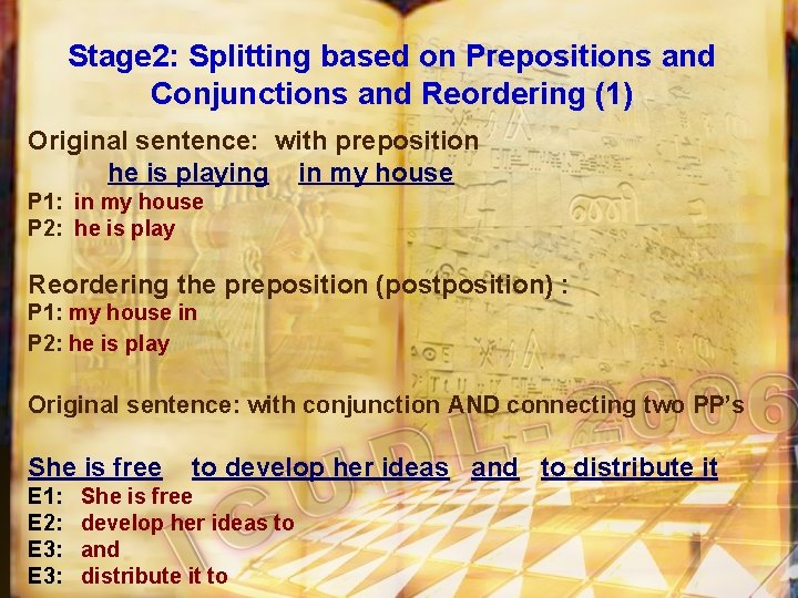 Stage 2: Splitting based on Prepositions and Conjunctions and Reordering (1) Original sentence: with