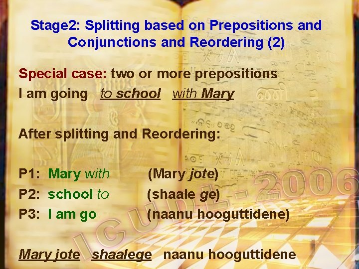 Stage 2: Splitting based on Prepositions and Conjunctions and Reordering (2) Special case: two