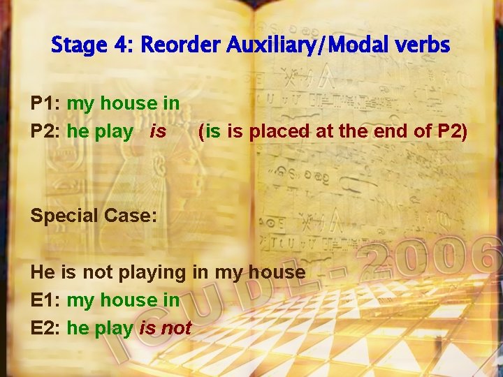 Stage 4: Reorder Auxiliary/Modal verbs P 1: my house in P 2: he play