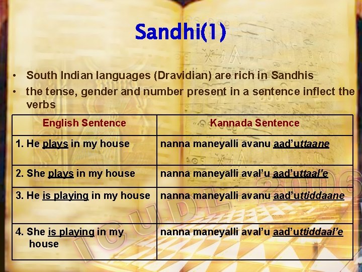 Sandhi(1) • South Indian languages (Dravidian) are rich in Sandhis • the tense, gender