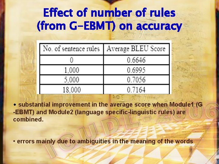 Effect of number of rules (from G-EBMT) on accuracy • substantial improvement in the