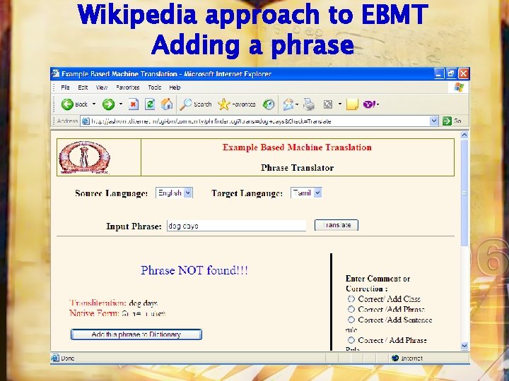 Wikipedia approach to EBMT Adding a phrase 